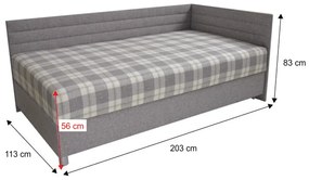 Pat de zi cu spaţiu de stocare, gri/carouri, 110x200, de dreapta, ETILE 2