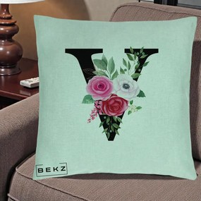 Cadou Personalizat - Perna Personalizata Monograma Florala Litera V cu Buchet, 40x40 cm, Verde Menta, Husa Detasabila, Perna Inclusa, BEKZ®