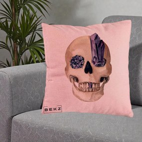 Perna Decorativa Craniu cu Cristale de Ametist, 40x40 cm, Roz, Husa Detasabila, Perna Inclusa, BEKZ®