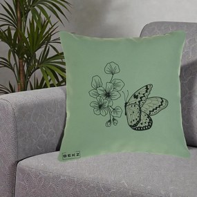 Perna Decorativa Fluture si Flori Linie Monocroma, 40x40 cm, Verde, Husa Detasabila, Perna Inclusa, BEKZ®
