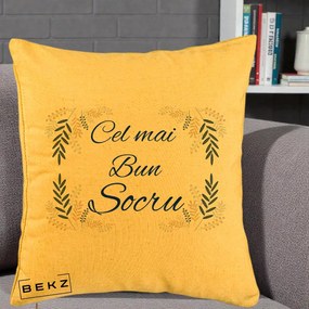 Cadou pentru Socru - Perna Personalizata Cel mai Bun Socru cu Ramuri Frunze Albastre si Aurii, 40x40 cm, Galben, Husa Detasabila, Perna Inclusa, BEKZ®