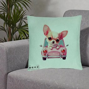Perna Decorativa Chihuahua Roz in Masinuta, 40x40 cm, Verde Menta, Husa Detasabila, Perna Inclusa, BEKZ®