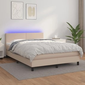 Pat cu arcuri, cu saltea si LED cappuccino 140x190 cm piele eco Cappuccino, 140 x 190 cm, Design simplu