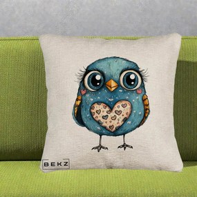 Perna Decorativa Bufnita Albastra cu Inimioare, 40x40 cm, Bej Canapea, Husa Detasabila, Perna Inclusa, BEKZ®