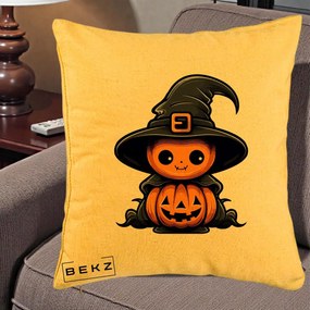Perna Decorativa Halloween Dovleac Vrajitor Kawaii, 40x40 cm, Galben, Husa Detasabila, Perna Inclusa, BEKZ®