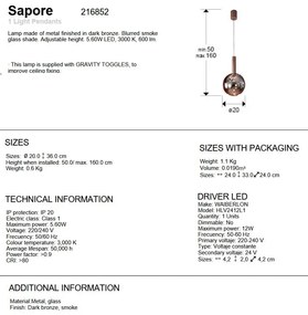 Pendul bronz inchis cu sticla fumurie LED Sapore