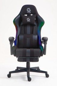 RESIGILAT- Scaun gaming, sistem iluminare bandă LED RGB, masaj în perna lombară, suport picioare, material textil+mesh, Negru