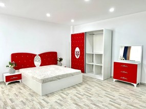 Dormitor Viena, culoare alb / rosu, cu pat tapitat 160 x 200 cm, dulap cu 2 usi, comoda cu oglinda, 2 noptiere si saltea
