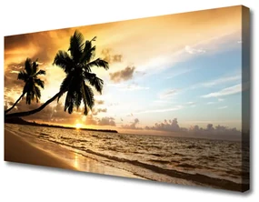 Tablou pe panza canvas Palm Trees Sea Beach Peisaj Galben Negru Albastru