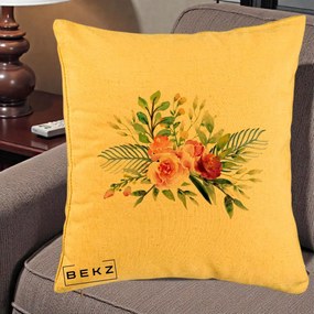 Perna Decorativa Buchet Flori Acuarela Roz-Verde, 40x40 cm, Galben, Husa Detasabila, Perna Inclusa, BEKZ®