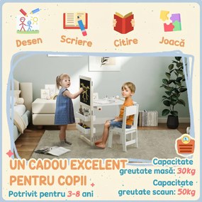 AIYAPLAY Set Masă și Scaun pentru Copii 3-8 Ani cu Tablă Neagră, Tablă Albă, Containere și Rulou de Hârtie, Alb | Aosom Romania