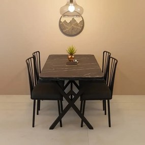 Set masa cu 4 scaune metal, Amsterdam Homs,negru marmurat/negru 70 x 110 cm