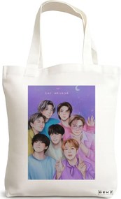 Sacosa de Panza pentru Cumparaturi, Geanta Tote, model BTS Army 4, 38x34.5 cm, Alba, BEKZ®