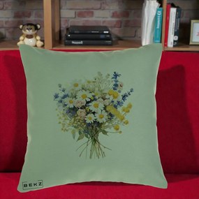 Perna Decorativa Buchet Camp Acuarela Margarete-Lavanda, 40x40 cm, Verde, Husa Detasabila, Perna Inclusa, BEKZ®