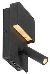 Aplica neagră cu LED inclus cu USB și lampă de citit cu întrerupător - Robin