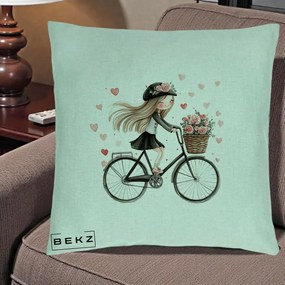 Perna Decorativa Fetita Kawaii pe Bicicleta cu Trandafiri si Inimioare, 40x40 cm, Verde Menta, Husa Detasabila, Perna Inclusa, BEKZ®