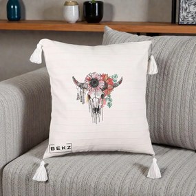 Perna Decorativa Craniu Boho Floral, 40x40 cm, Bej cu Franjuri, Husa Detasabila, Perna Inclusa, BEKZ®