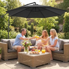 Outsunny Umbrelă de Grădină Suspendată 3 m cu Husă, Umbrelă Rotundă Inclinabilă cu Rotație 360°, Manivelă, Banana, Negru | Aosom Romania