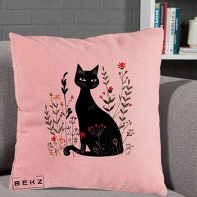 Perna Decorativa Pisica Neagra Botanica Rosu-Gri, 40x40 cm, Roz, Husa Detasabila, Perna Inclusa, BEKZ®