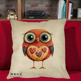 Perna Decorativa Bufnita Rosie cu Inimi Aurii, 40x40 cm, Crem, Husa Detasabila, Perna Inclusa, BEKZ®