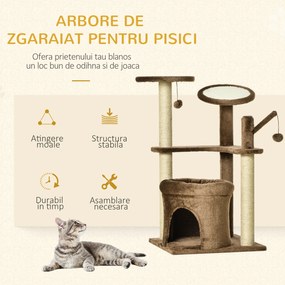 Arbore de zgariat pentru Pisici PawHut cu Stalpi din Franghie Sisal, Casuta si Perna, Husa din Plus, Inaltime 87 cm, Culoare Cafea | Aosom RO