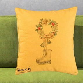 Perna Decorativa Patine cu Coroana Florala de Craciun, 40x40 cm, Galben, Husa Detasabila, Perna Inclusa, BEKZ®