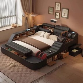 MOBLUX77 Premium 180x200 cm Black Left Chaise – Pat Inteligent Premium cu Proiector HD, Vibromasaj, Boxe Bluetooth, Încărcare Wireless și Spații Multiple de Depozitare