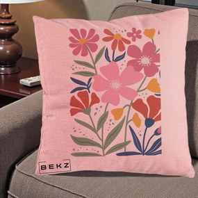 Perna Decorativa Flori Grafice Roz si Terracotta, 40x40 cm, Roz, Husa Detasabila, Perna Inclusa, BEKZ®