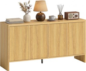 HOMCOM Bufet living, mobilier de depozitare cu 4 uși canelate, raft reglabil, deschidere prin apăsare, 147x40x77cm, stejar | Aosom Romania