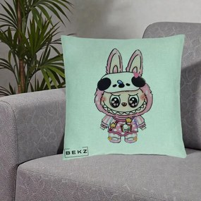 Perna Personalizata Labubu Panda-Bunny Roz, 40x40 cm, Verde Menta, Husa Detasabila, Perna Inclusa, BEKZ®