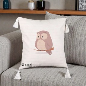Perna Decorativa Bufnita Kawaii pe Creanga, 40x40 cm, Bej cu Franjuri, Husa Detasabila, Perna Inclusa, BEKZ®