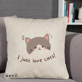 Perna Personalizata I Just Love Cats Pisica Kawaii, 40x40 cm, Bej Canapea, Husa Detasabila, Perna Inclusa, BEKZ®
