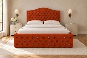 Pat tapițat Chesterfield din catifea Solaria Deluxe Cristal 160×200 cm, cărămiziu, cu ladă de depozitare