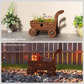 Outsunny Strat Înălțat pentru Grădină în Formă de Cărucior cu 4 Roți și Mâner, Ghiveci din Lemn de Molid cu Găuri de Drenaj, pentru Balcon, Terasă, 68x38x52 cm, Finisaj Carbonizat | Aosom Romania