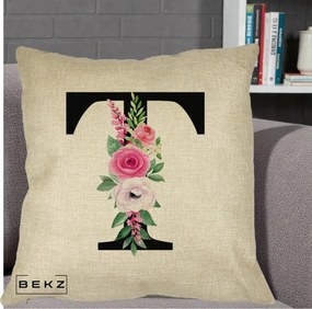 Cadou Personalizat - Perna Personalizata Monograma Florala Litera T, 40x40 cm, Crem, Husa Detasabila, Perna Inclusa, BEKZ®