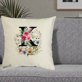 Cadou Personalizat - Perna Personalizata Monogram Litera K cu Flori Acuarela, 40x40 cm, Ecru, Husa Detasabila, Perna Inclusa, BEKZ®