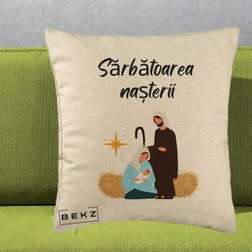Perna Decorativa Nasterea Domnului Sfanta Familie Sarbatoarea Nasterii, 40x40 cm, Bej, Husa Detasabila, Perna Inclusa, BEKZ®