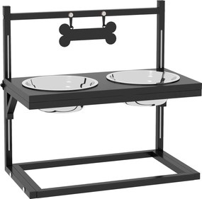 PawHut Boluri pentru Câini cu Înălțime Reglabilă și Plăcuță de Identificare, 2 Boluri din Oțel pentru Apă și Mâncare, 40.5x22x39 cm, Negru