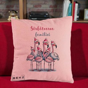 Perna Decorativa Flamingo Craciun Sarbatoarea Familiei, 40x40 cm, Roz, Husa Detasabila, Perna Inclusa, BEKZ®