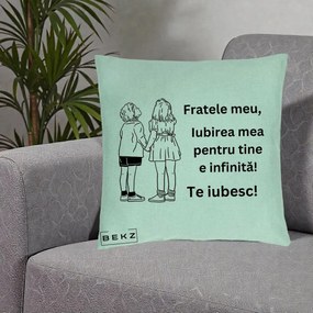 Cadou pentru Frate - Perna Personalizata Fratele Meu Te Iubesc Copii Tinand Maini Line Art, 40x40 cm, Verde Menta, Husa Detasabila, Perna Inclusa, BEKZ®