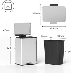 HOMCOM Coș de gunoi dreptunghiular cu pedală 20 L din metal, cu găleată interioară detașabilă și închidere lentă, argintiu | Aosom Romania