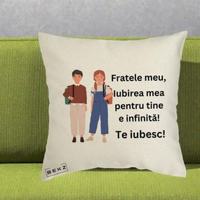 Cadou pentru Frate - Perna Personalizata Fratele Meu Te Iubesc Elevi Ilustratie Colorata, 40x40 cm, Ecru, Husa Detasabila, Perna Inclusa, BEKZ®