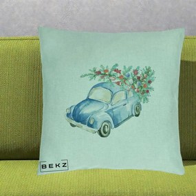 Perna Decorativa Masinuta Albastra cu Brad de Craciun, 40x40 cm, Verde Menta, Husa Detasabila, Perna Inclusa, BEKZ®