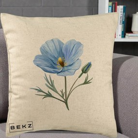 Perna Decorativa Mac Albastru Acuarela, 40x40 cm, Bej, Husa Detasabila, Perna Inclusa, BEKZ®