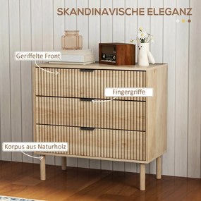 HOMCOM Comodă cu 3 Sertare, Picioare din Lemn Masiv și Design Canelat, 80x40x77,5 cm, Lemn Natural | Aosom Romania