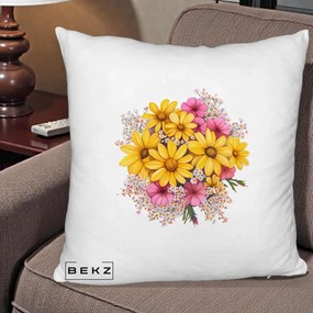 Perna Decorativa Floarea-Soarelui cu Cosmos Roz si Gypsophila, 40x40 cm, Alb Pufos, Husa Detasabila, Perna Inclusa, BEKZ®