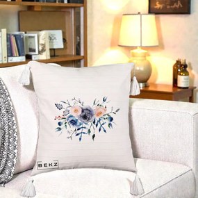 Perna Decorativa Buchet Flori Albastre Acuarela, 40x40 cm, Bej cu Franjuri, Husa Detasabila, Perna Inclusa, BEKZ®