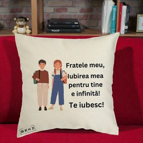 Cadou pentru Frate - Perna Personalizata Fratele Meu Te Iubesc Elevi Ilustratie Colorata, 40x40 cm, Ecru, Husa Detasabila, Perna Inclusa, BEKZ®