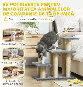 PawHut Scară pentru Câini și Pisici cu 3 Trepte din Pluș și Stâlpi Zgâriători din Sisal, Capacitate 10 kg, Gri | Aosom Romania