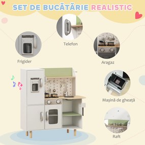 AIYAPLAY Set de Joaca de Bucatarie de Jucarie, cu Telefon, Aparat de Gheata, Aragaz, Chiuveta, Ustensile, pentru Copii de 3-6 ani, Alb | Aosom Romania